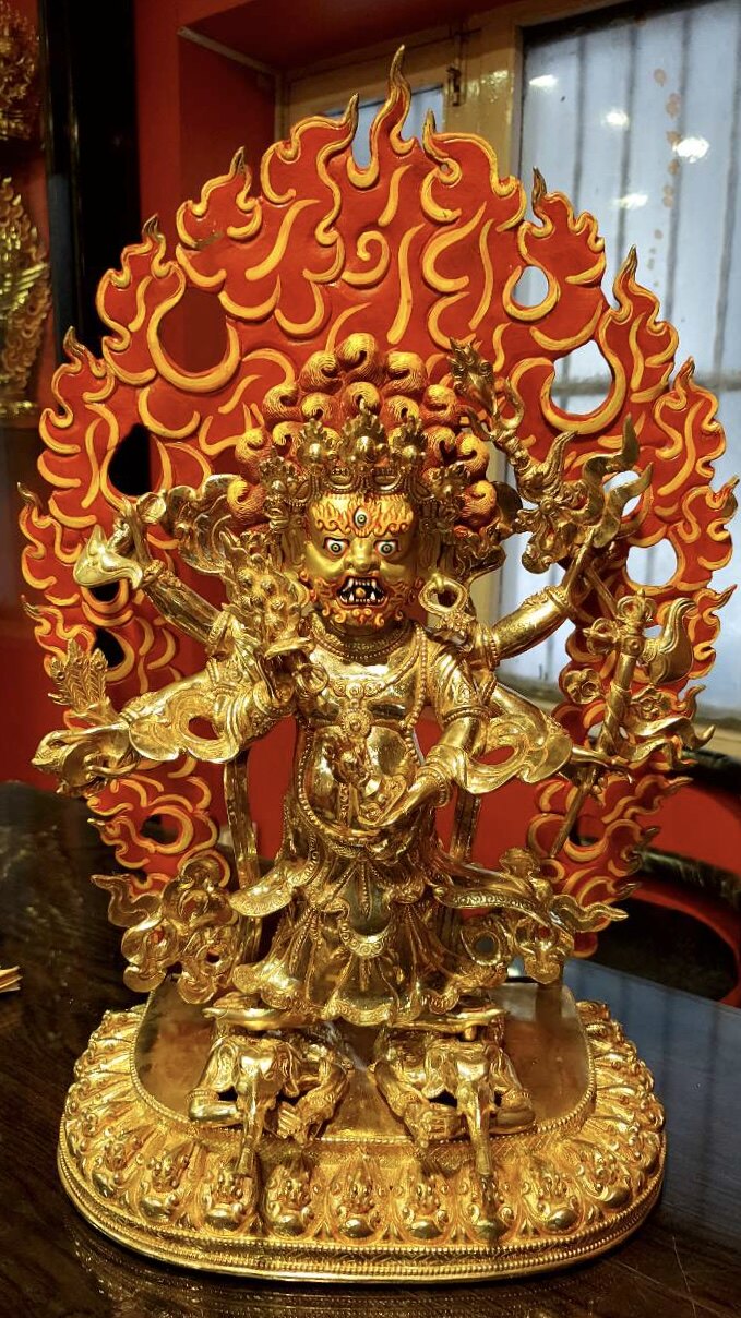 尼泊尔手工紫铜鎏金白六臂玛哈嘎拉佛像西藏民族供奉密宗供护像