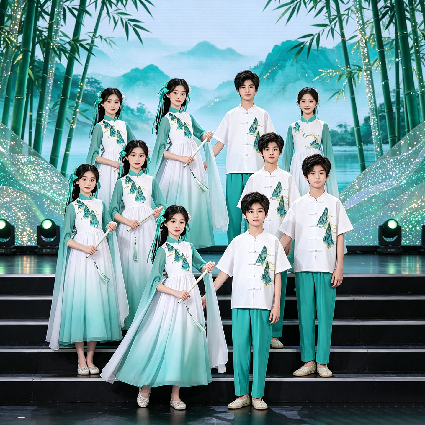 六一儿童演出服小学生古筝礼服绿色少儿琵琶表演服装女童诗词礼服
