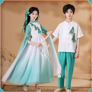 儿童演出服古筝元旦小学生绿色少儿琵琶表演服装女童诗词礼服冬季