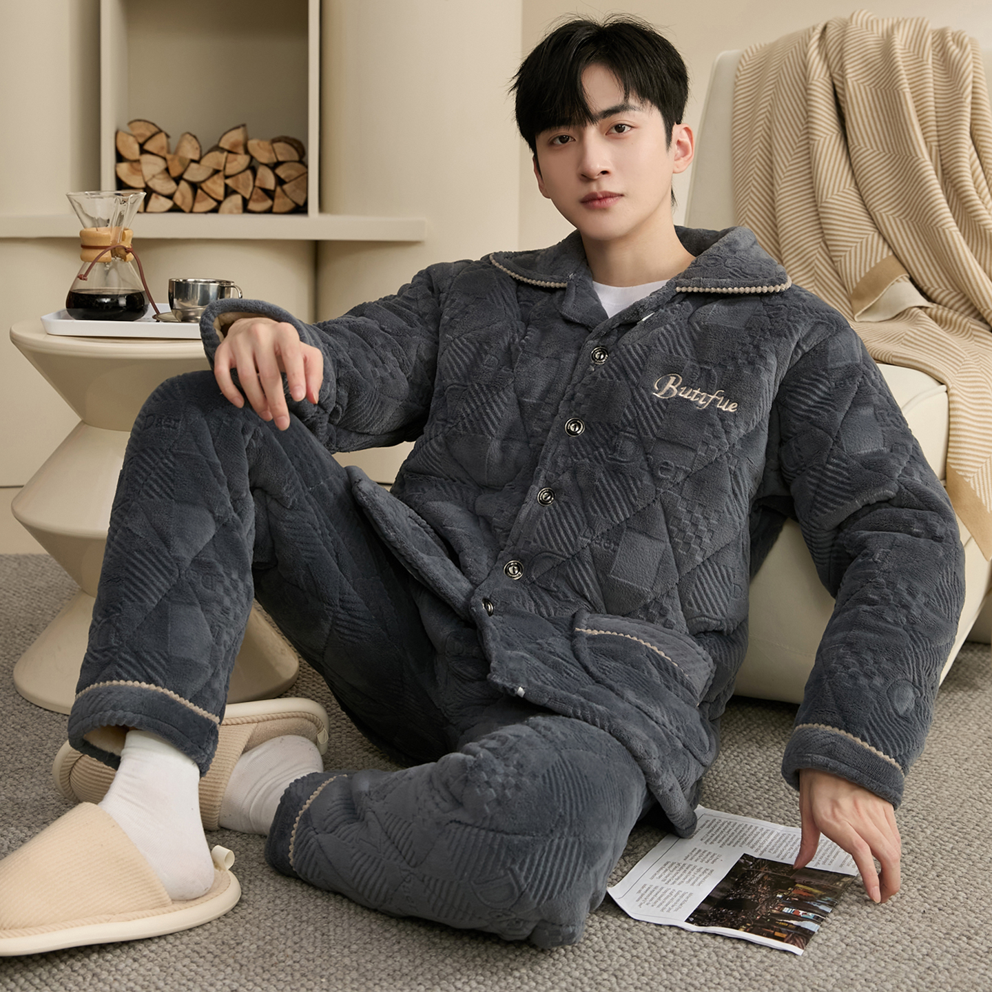 冬季加厚棉袄男保暖法兰绒家居服