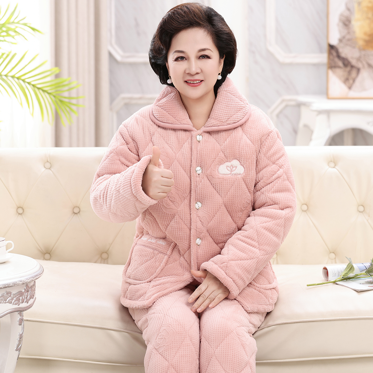 冬季中老年三层加绒加厚夹棉睡衣