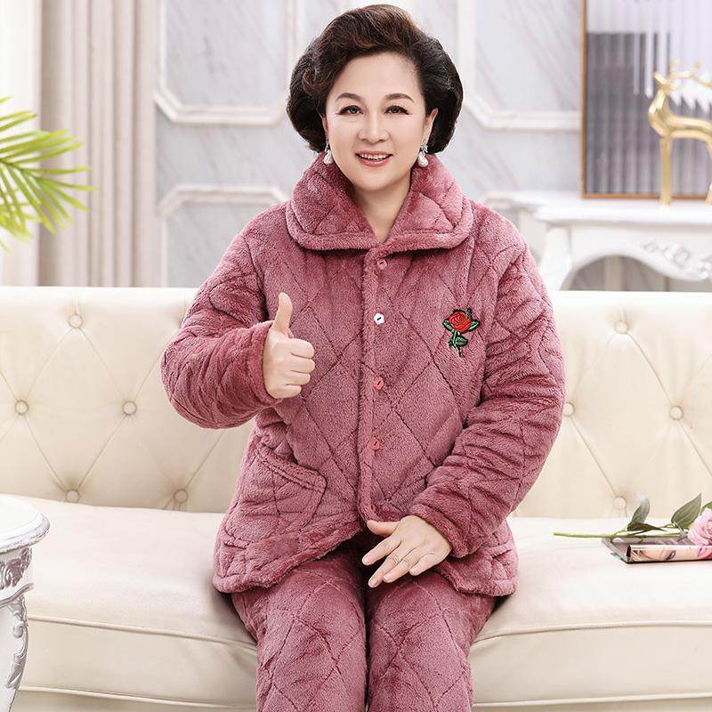 睡衣女秋冬季珊瑚绒三层夹棉加厚保暖中老年长毛绒家居服妈妈棉袄