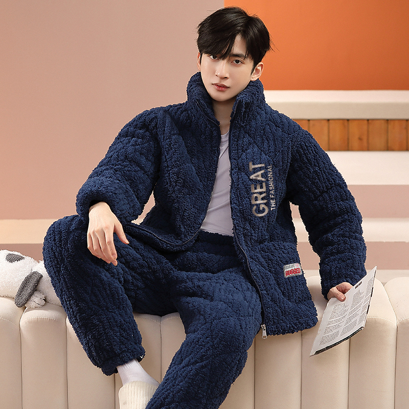 冬季夹棉家居服套装男士