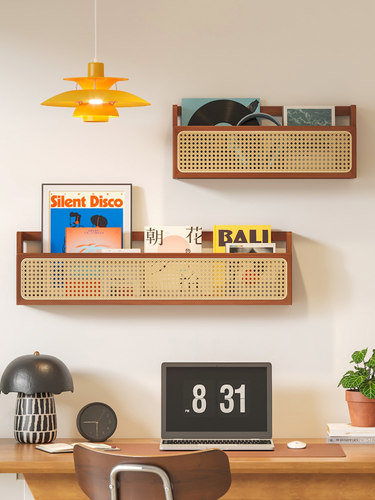 藤书报架实木墙壁收纳架杂志客厅壁挂式木制图画书隔板彷古风格书