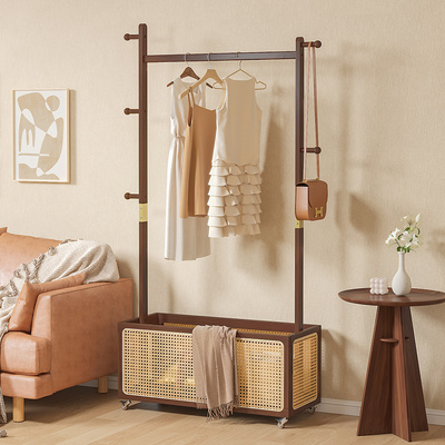 藤编实木开放式衣柜卧室置物架衣帽间挂衣服可移动架子多功能收纳