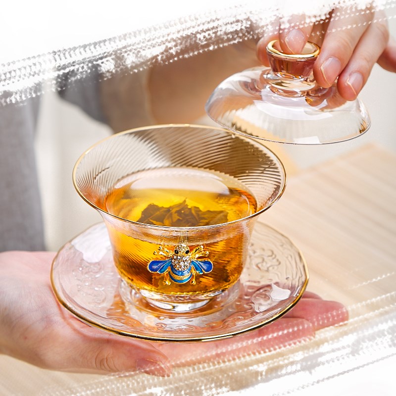 速发玻璃三才碗锤纹蜜蜂描金泡茶碗家用办公透明碗功夫茶碗10204