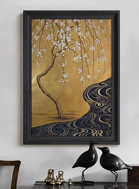 速发新中式酒店大堂复古风装饰挂画岸边梅关树客厅玄花侘寂纯手绘