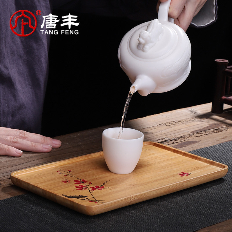 速发竹制手绘托盘茶杯收纳茶盘家用迷你小号茶海日式简约茶台茶托