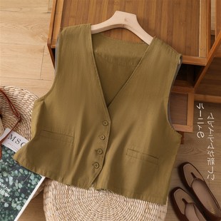 速发全棉斜纹搭甲背心士袖 宽松V领外马无夏坎肩休闲上衣 天薄款