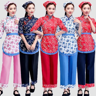 速发阿庆嫂演出服采茶服中秧年歌老服舞蹈成人碎花村姑服装茶园服