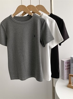 速发础上字母T恤春季软糯厚实百搭正肩基刺款打底绣衣舞蹈服