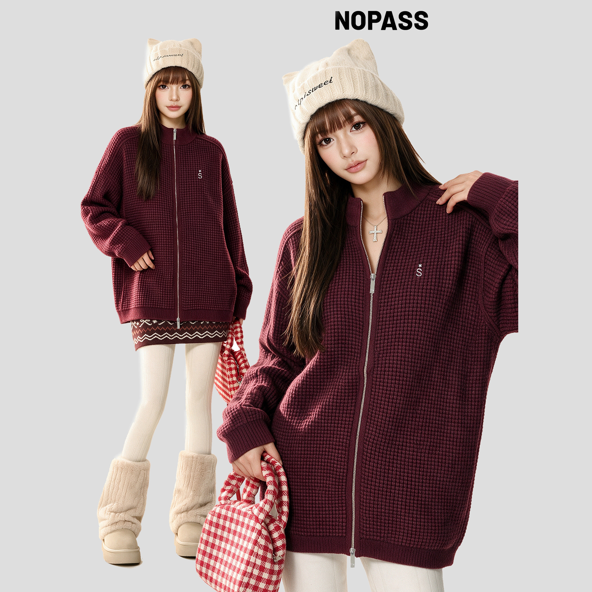NOPASS 国潮原创美式「华夫格毛衣立领开衫」秋冬宽松拉链外套女
