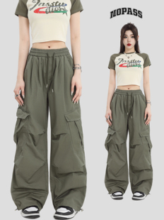 宽松阔腿休闲裤 NOPASS 裤 抓褶多口袋工装 子 国潮牌情侣原创美式