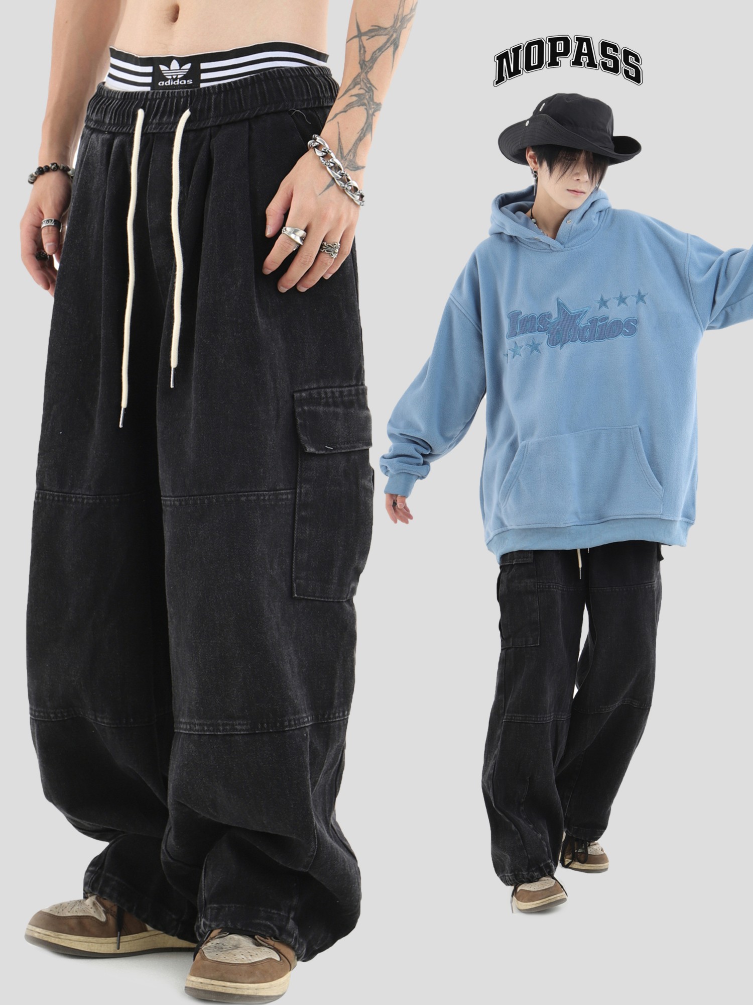 NOPASS国潮牌做旧水洗工装裤