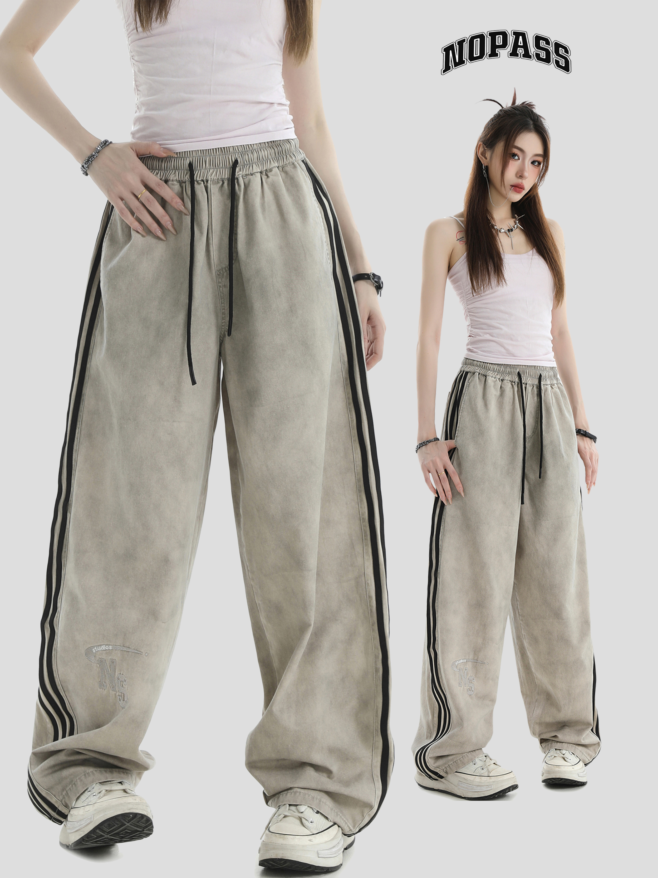 NOPASS小字母做旧三条杠休闲裤