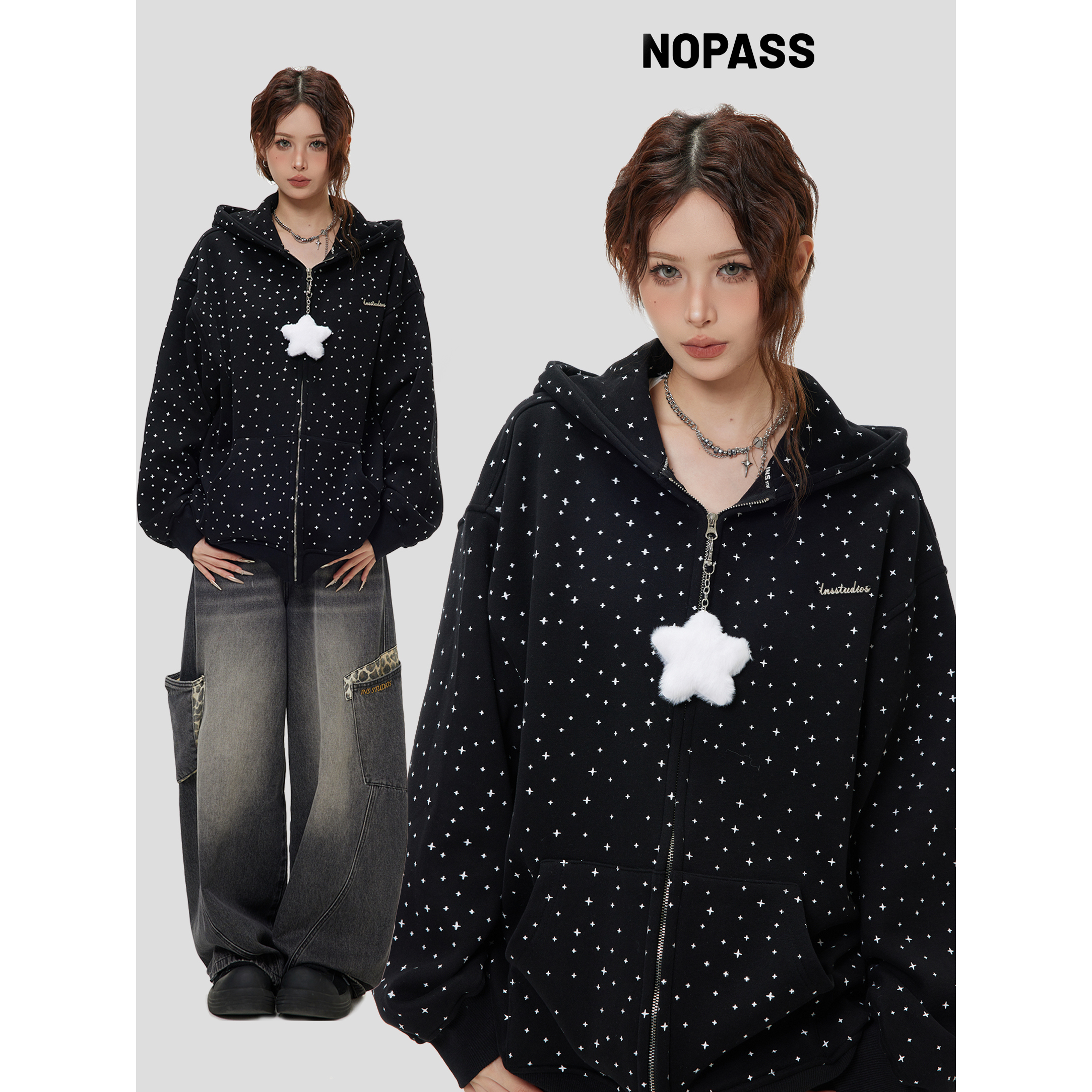 NOPASS星星满印加绒连帽卫衣