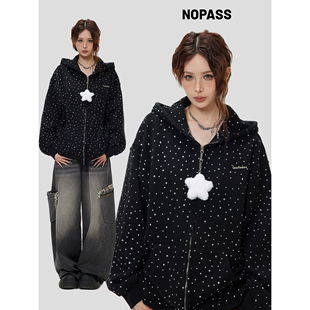 外套 「星星满印加绒连帽卫衣」宽松拉链开衫 NOPASS 国潮原创美式