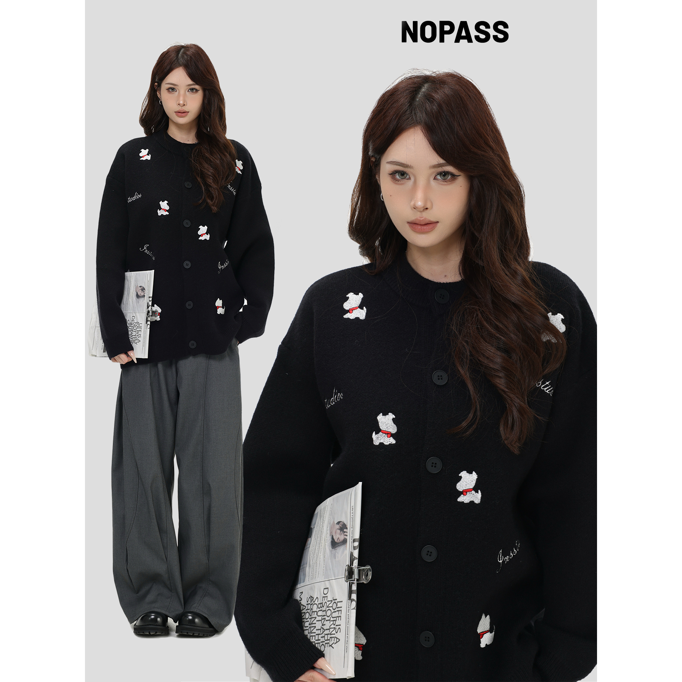 NOPASS小狗刺绣开衫毛衣