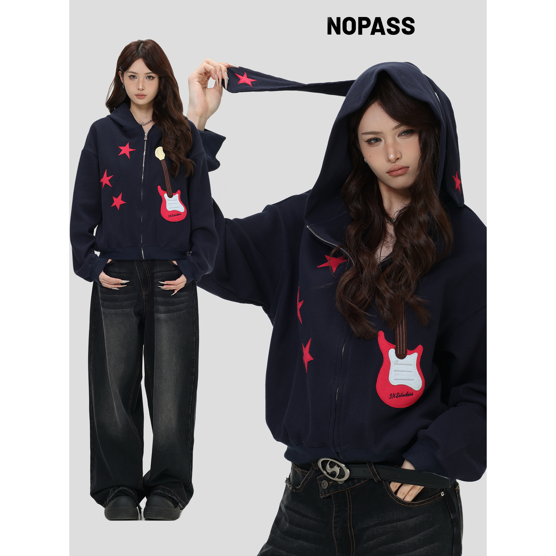 NOPASS吉他华夫格连帽卫衣