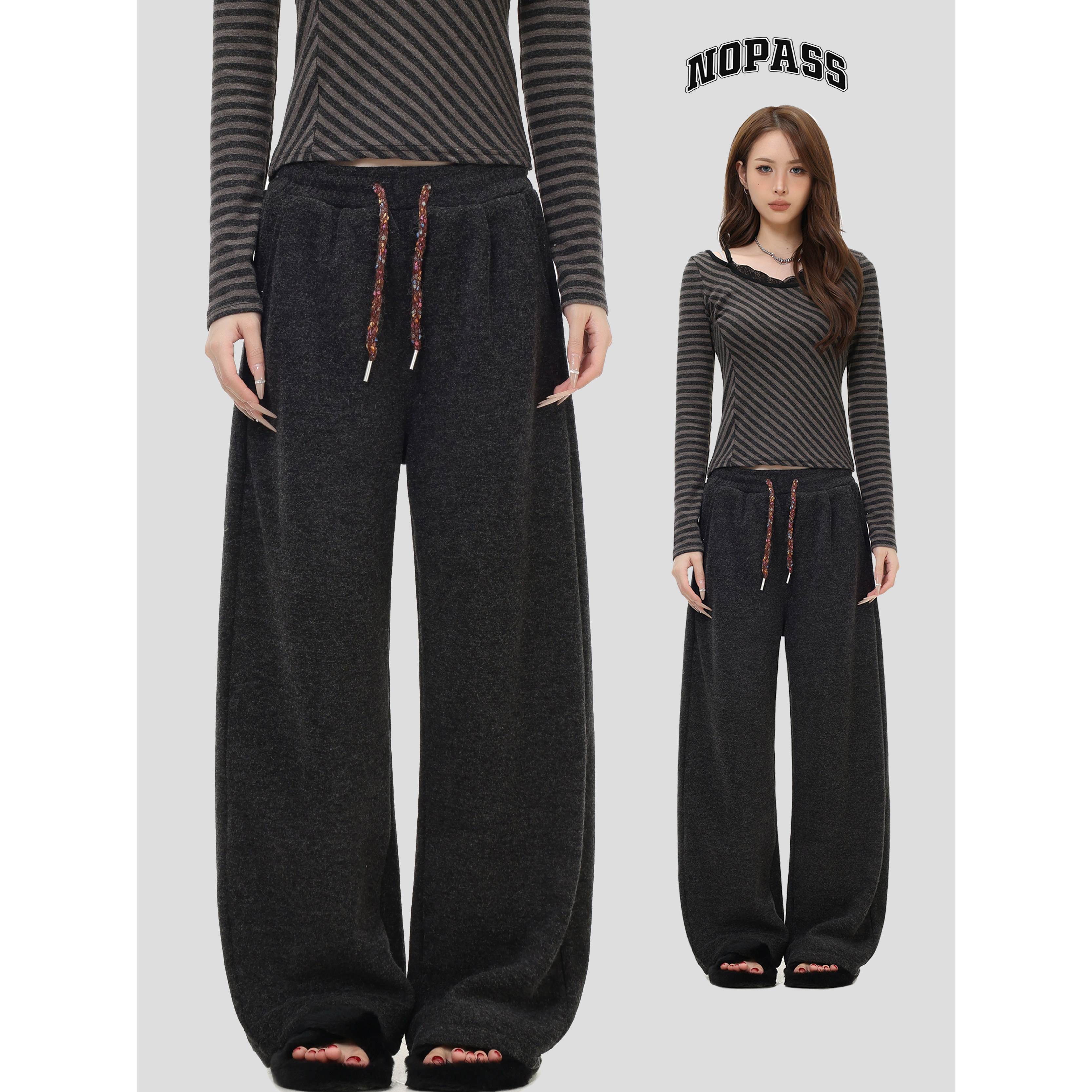 NOPASS磨毛加绒弯刀休闲裤