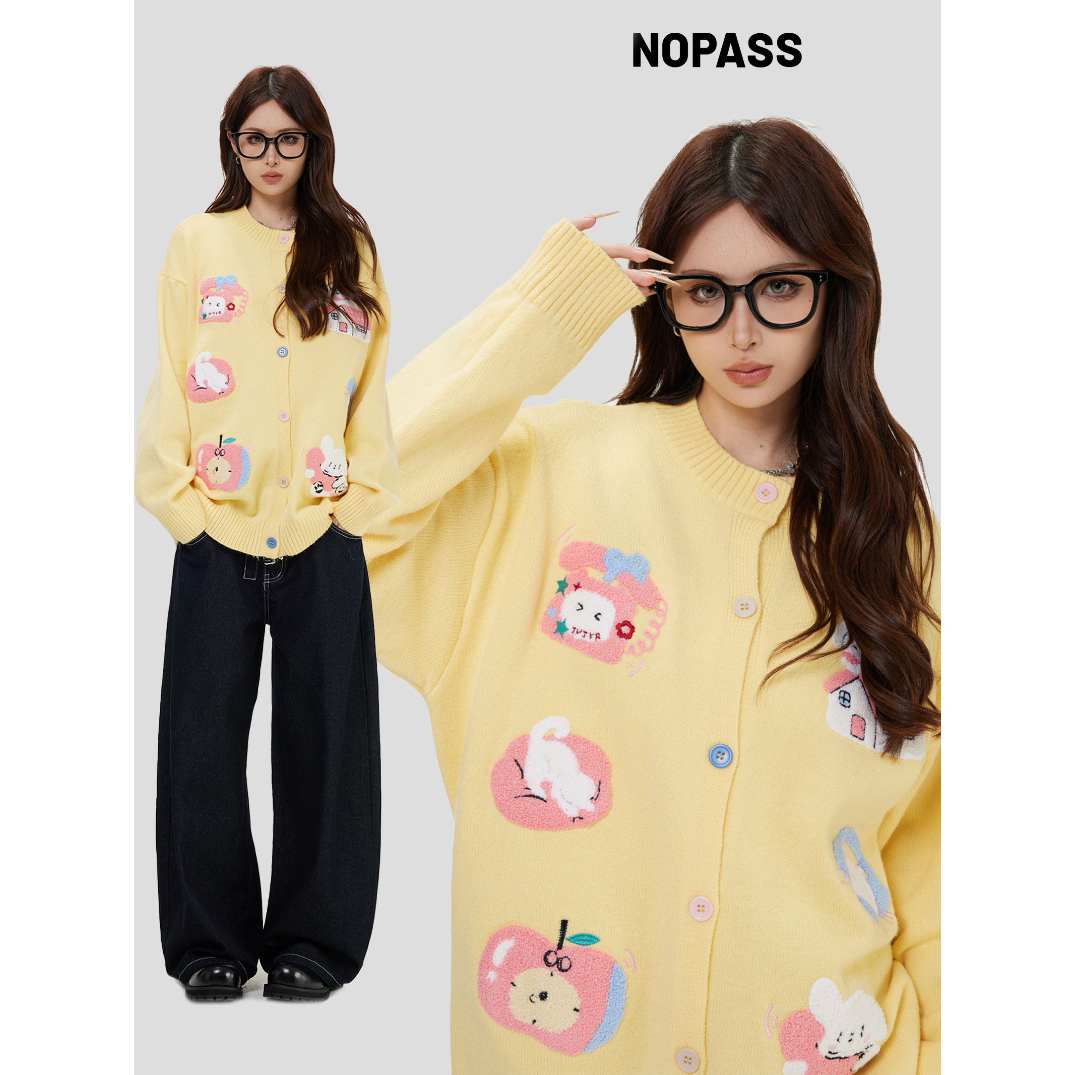 NOPASS彩色纽扣趣味提花毛衣