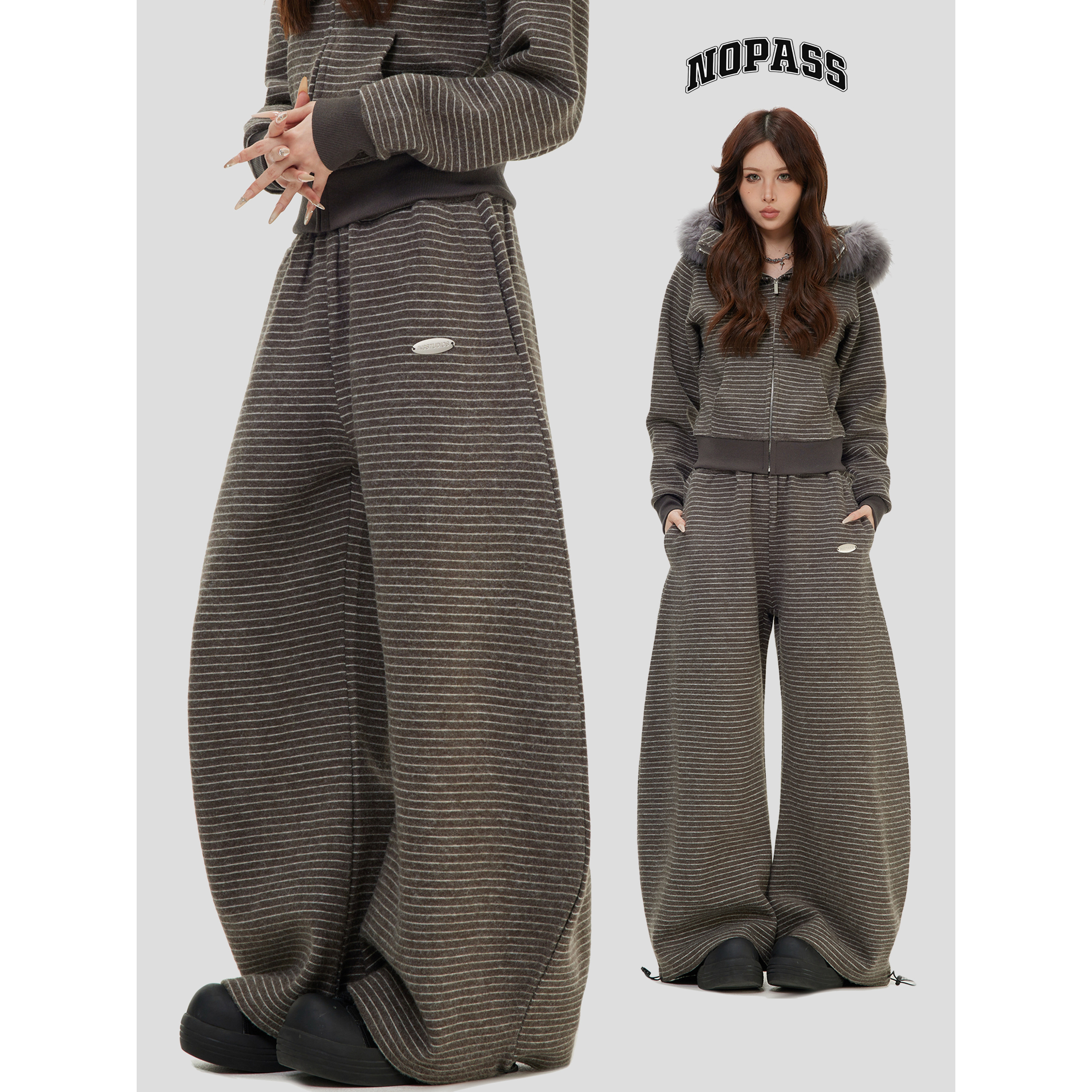 NOPASS 国潮原创美式复古绒感条纹休闲裤宽松直筒阔腿卫裤长裤子,女装/女士精品,休闲裤,淘宝优惠券,粉丝福利购,淘宝优惠卷