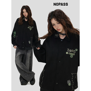 NOPASS 「花卉刺绣麂皮绒棒球服」宽松休闲夹克外套 国潮原创美式