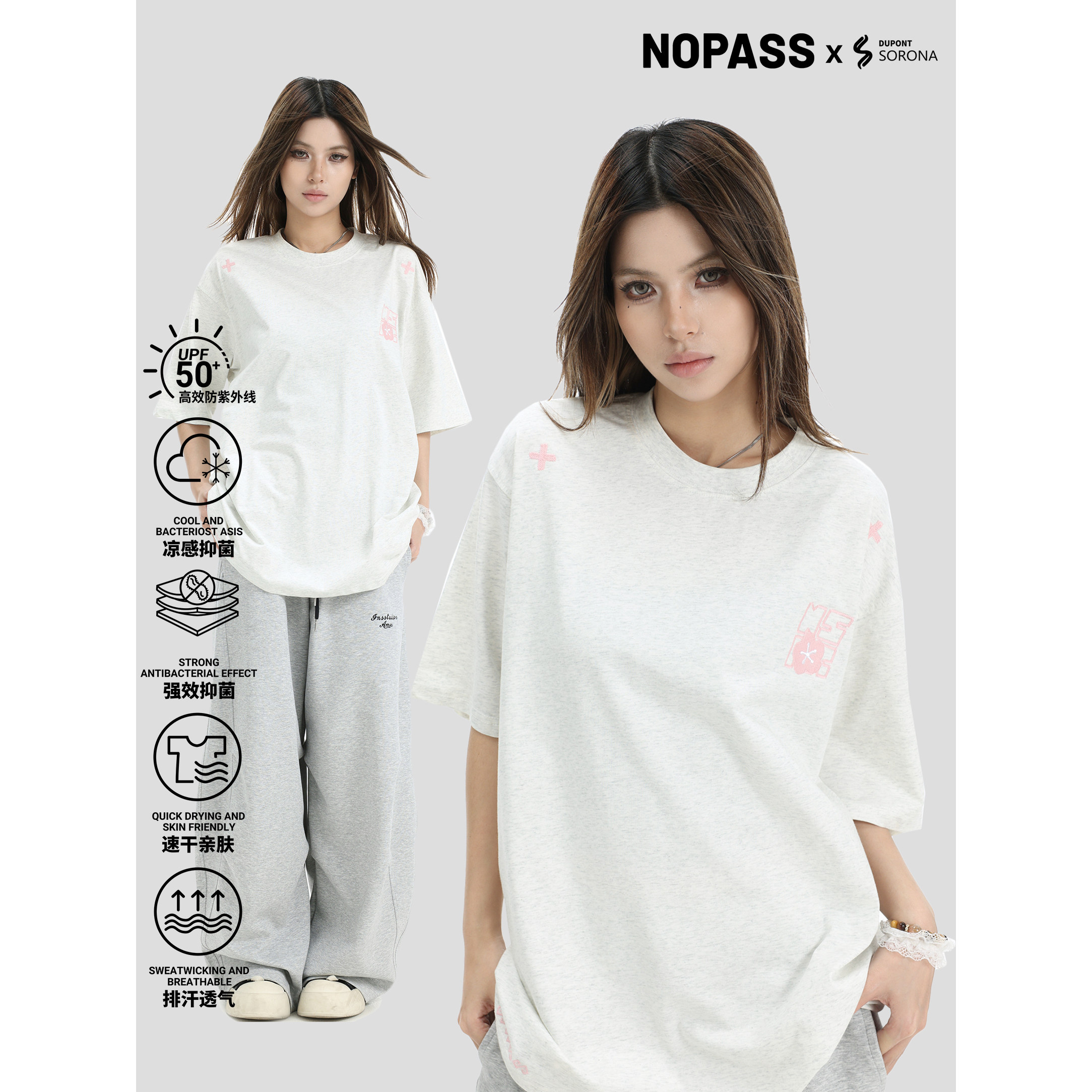 NOPASS 国潮情侣原创美式线条刺绣字母短袖夏季正肩V领修身T恤女