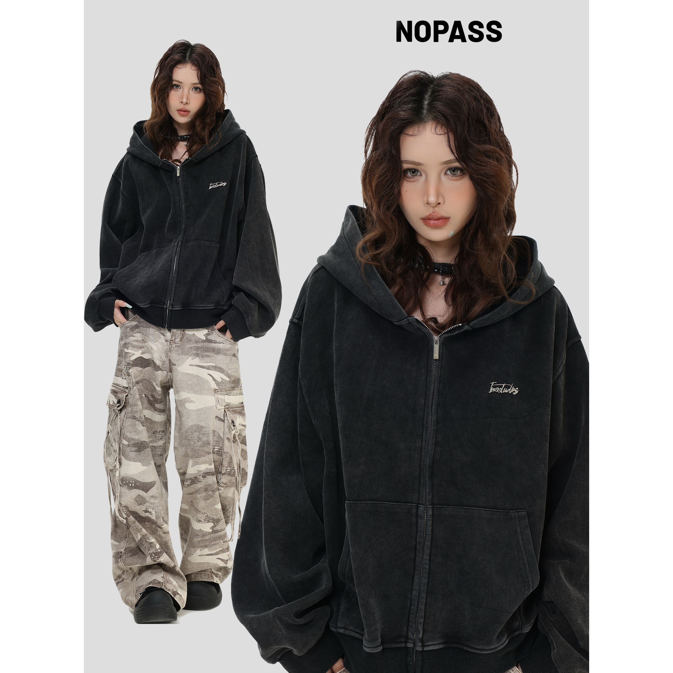 NOPASS水洗炒色短款连帽卫衣