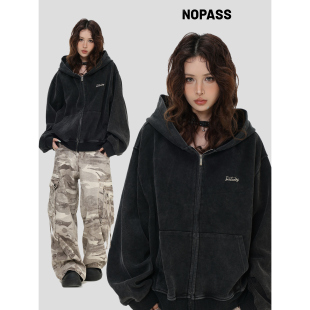 连帽卫衣」宽松加绒拉链外套 「水洗炒色短款 NOPASS 国潮原创美式
