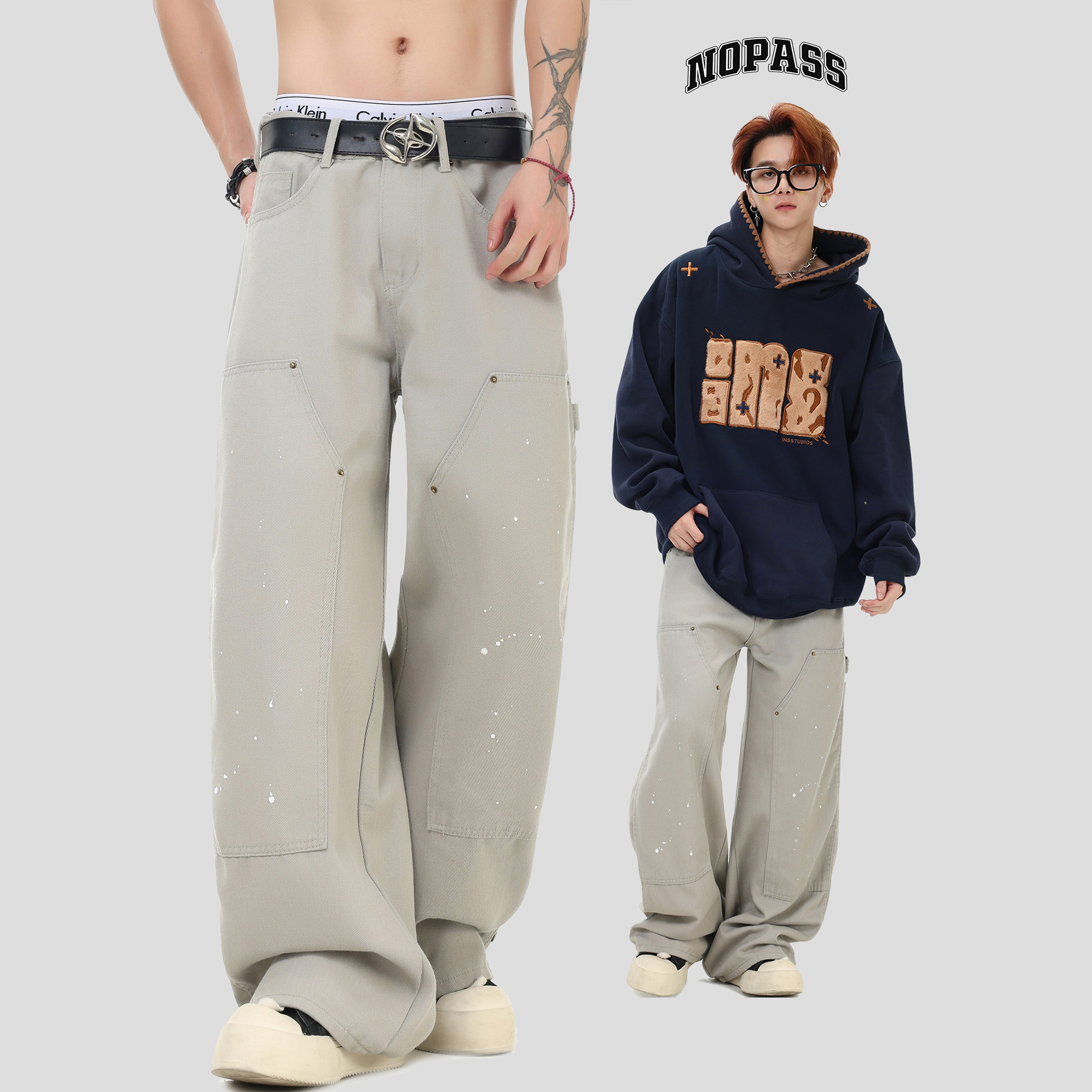 NOPASS泼墨水洗做旧伐木裤