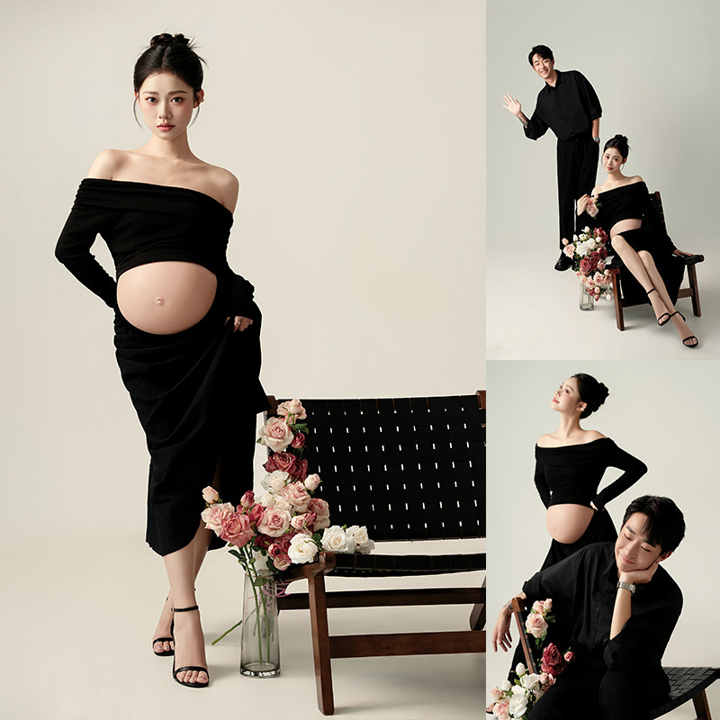 2026孕妇拍照写真服装黑色露肩长袖高级感轻奢优雅风影楼摄影服饰