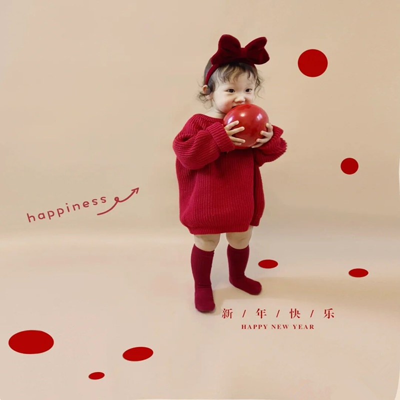 儿童摄影服装圣诞节新年主题宝宝周岁拍照红色毛衣影楼小童艺术照