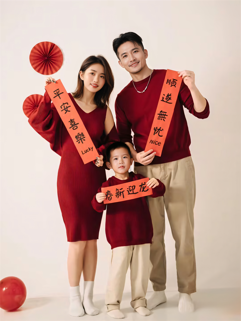 拍照新款红色亲子装过拜年服高端影楼母女麻花针织毛衣一家三四口