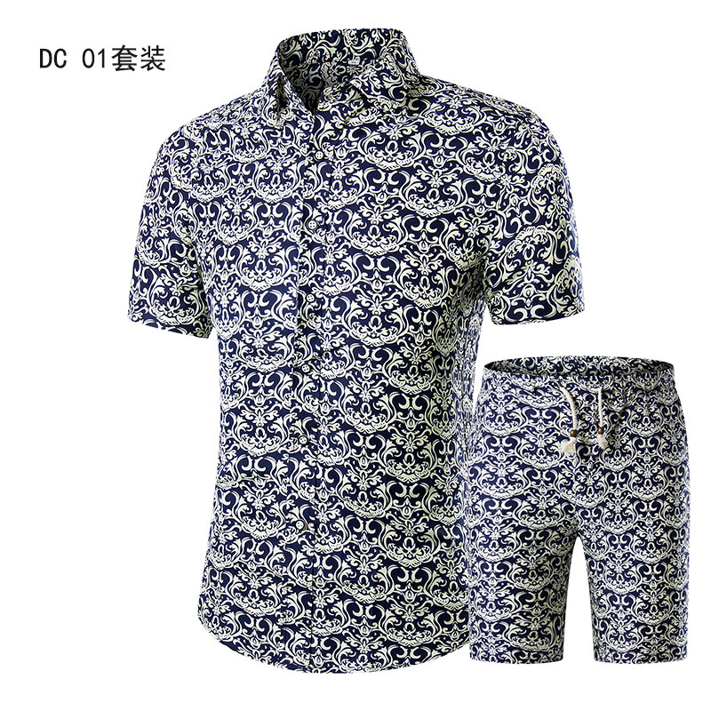 1508-DC05套装-P40日系宽松休闲沙滩短袖衬衫套装男情侣短裤衬衣,男装衬衫,星座1508-1