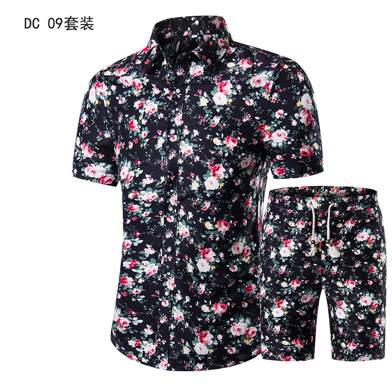 1508-DC02套装-P40短袖衬衫套装男士碎花沙滩海边夏威夷短裤一套,男装衬衫,星座1508-1