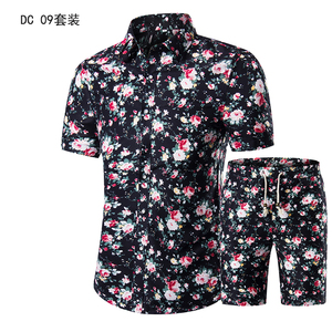 1508-DC02套装-P40短袖衬衫套装男士碎花沙滩海边夏威夷短裤一套图片
