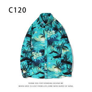 1508-C120-P25秋装新款港风印花长袖衬衫免烫休闲衬衣潮修身上衣图片