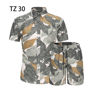 1508-TZ36-P40夏装新款港风印花短袖衬衫套装两件套免烫沙滩裤黑