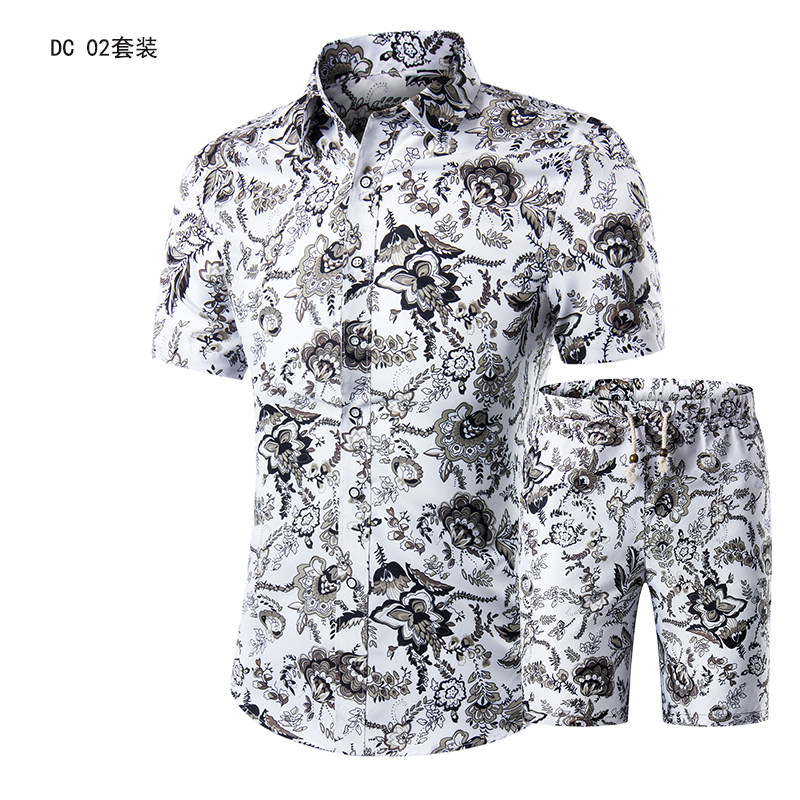 1508-DC02套装-P40短袖衬衫套装男士碎花沙滩海边夏威夷短裤一套图片