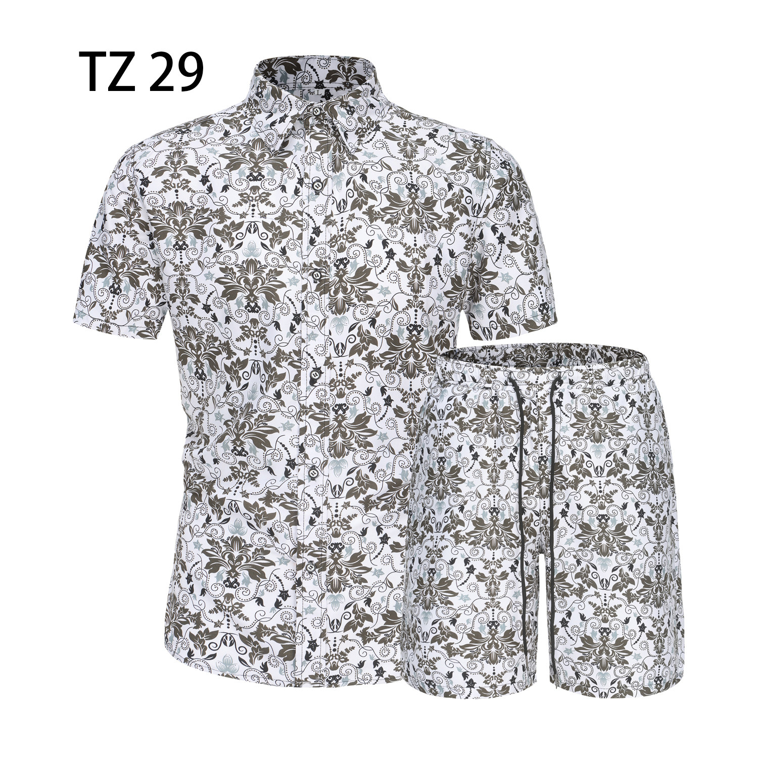 1508-TZ29-P40夏装新款港风印花短袖衬衫套装两件套免烫沙滩裤图片