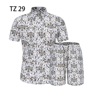 1508-TZ29-P40夏装新款港风印花短袖衬衫套装两件套免烫沙滩裤图片