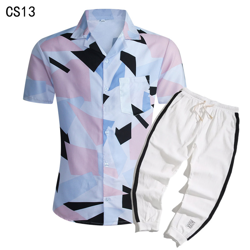 1508-CS13+K522-P45外贸欧美跨境现货短袖衬衫套装夏威夷沙滩衬衣，男装T恤，星座1508-1