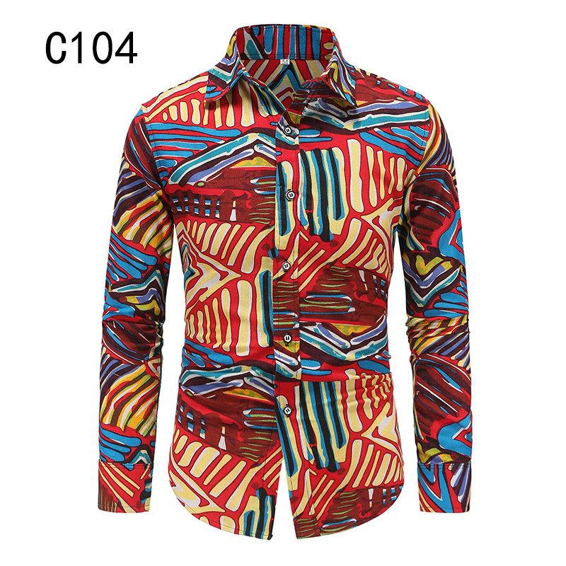 1508-C104-P25男装棉麻秋装新款大码长袖衬衫花色印花衬衣男免烫图片