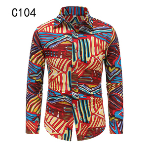 1508-C104-P25男装棉麻秋装新款大码长袖衬衫花色印花衬衣男免烫图片