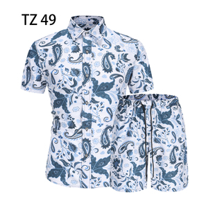 1508-TZ49-P40夏装新款港风印花短袖衬衫套装两件套免烫沙滩裤潮图片