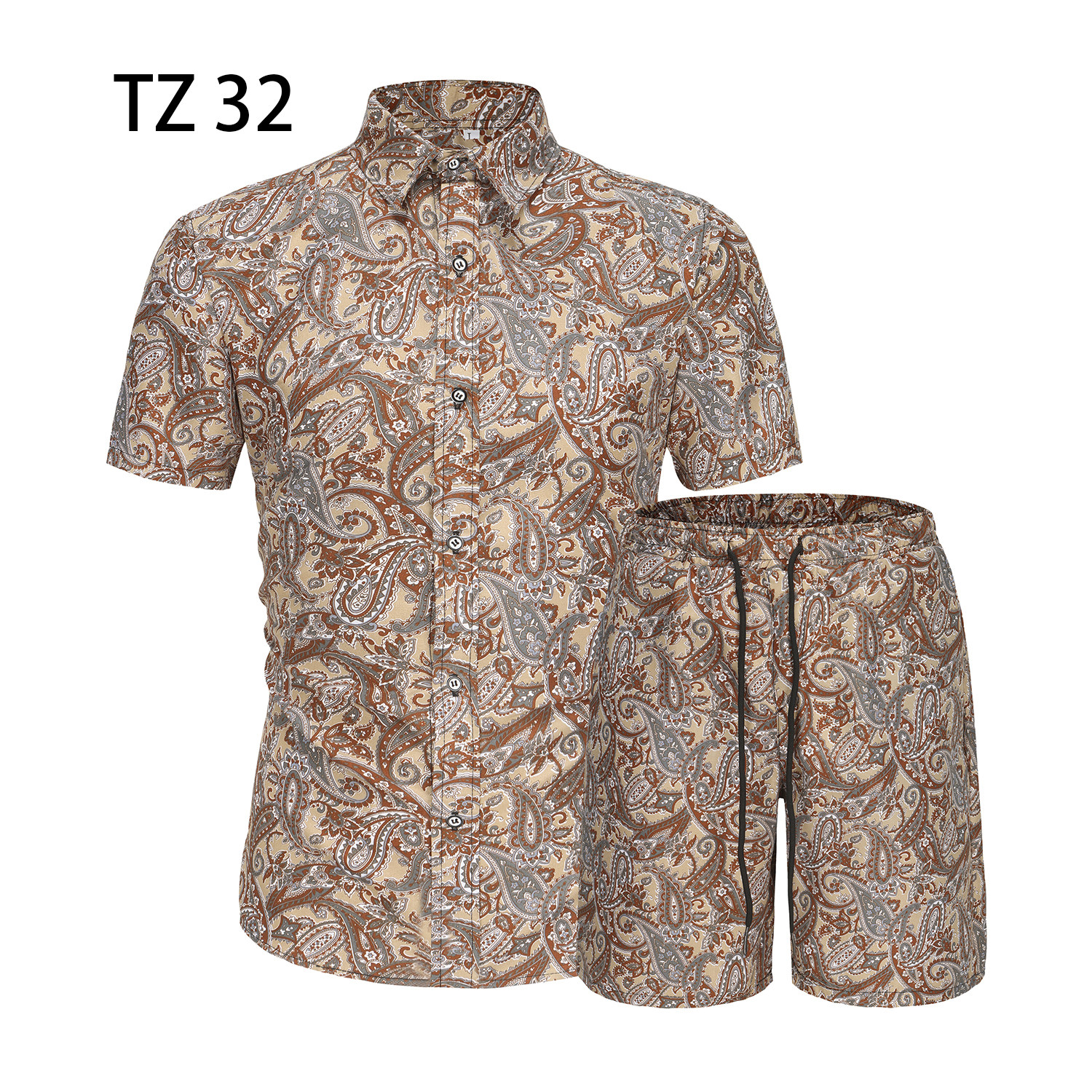 1508-TZ45-P40夏装新款港风印花短袖衬衫套装两件套免烫沙滩裤潮,男装T恤,星座1508-1