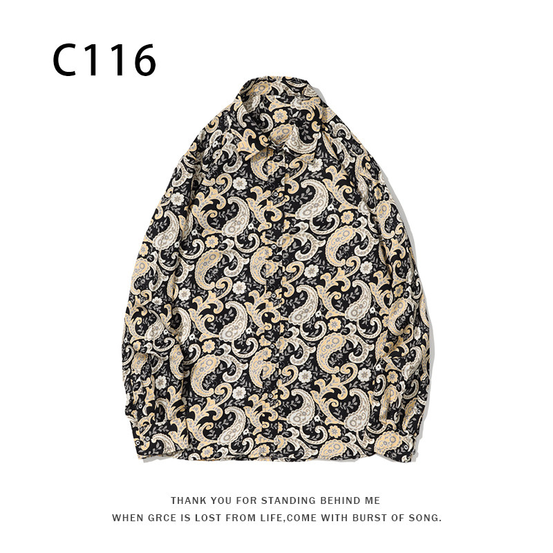 1508-C116-P25秋装新款港风印花长袖衬衫免烫休闲衬衣潮修身上衣图片