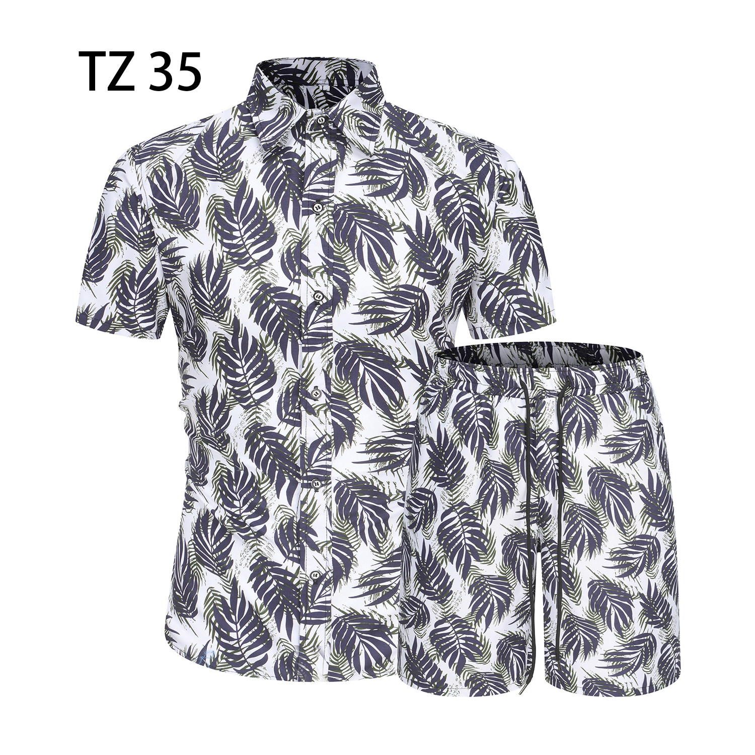 1508-TZ35-P40夏装新款港风印花短袖衬衫套装两件套免烫沙滩裤图片