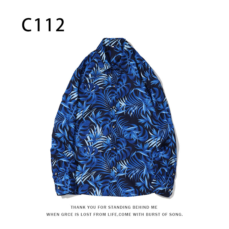 1508-C112-P25秋装新款港风印花长袖衬衫免烫休闲衬衣潮修身上衣图片
